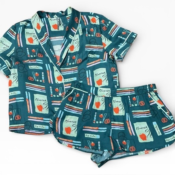 New Anthropologie The LyreBird Silky Pajamas Set Phthalo Ruth Print Sample Small